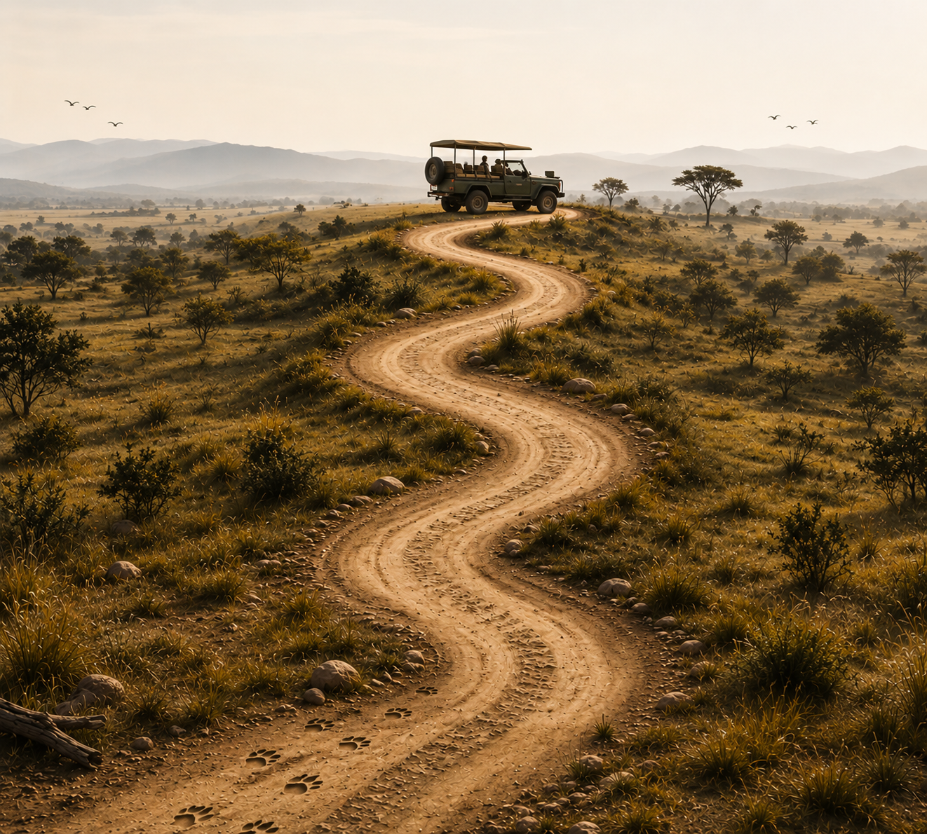 Winding dirt safari road through the Kruger bushveld at golden hour, with a game viewer vehicle, representing Nhongo Safaris' 27-year journey