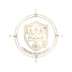 Gold compass icon for "Adventures for Every Traveler" featuring a family on safari, a leopard on a tree branch, and a Nhongo safari vehicle.
