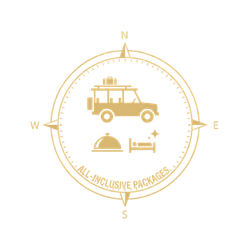 Gold compass icon with a luggage-loaded safari vehicle, food platter, and hotel icons, for all-inclusive Kruger Park safari packages.