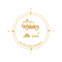 Gold compass icon with a luggage-loaded safari vehicle, food platter, and hotel icons, for all-inclusive Kruger Park safari packages.