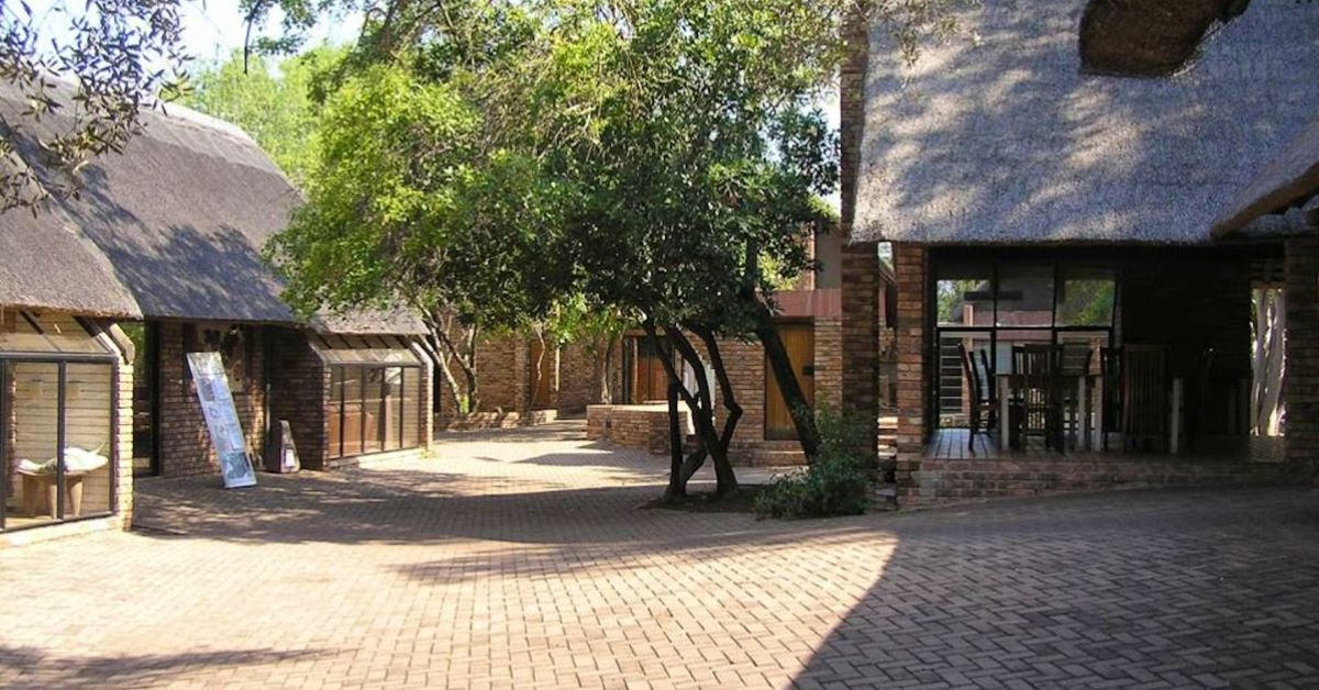 A paved walkway between modern brick safari cottages with grey thatched roofs and large windows under green trees at Berg-en-Dal Rest Camp.