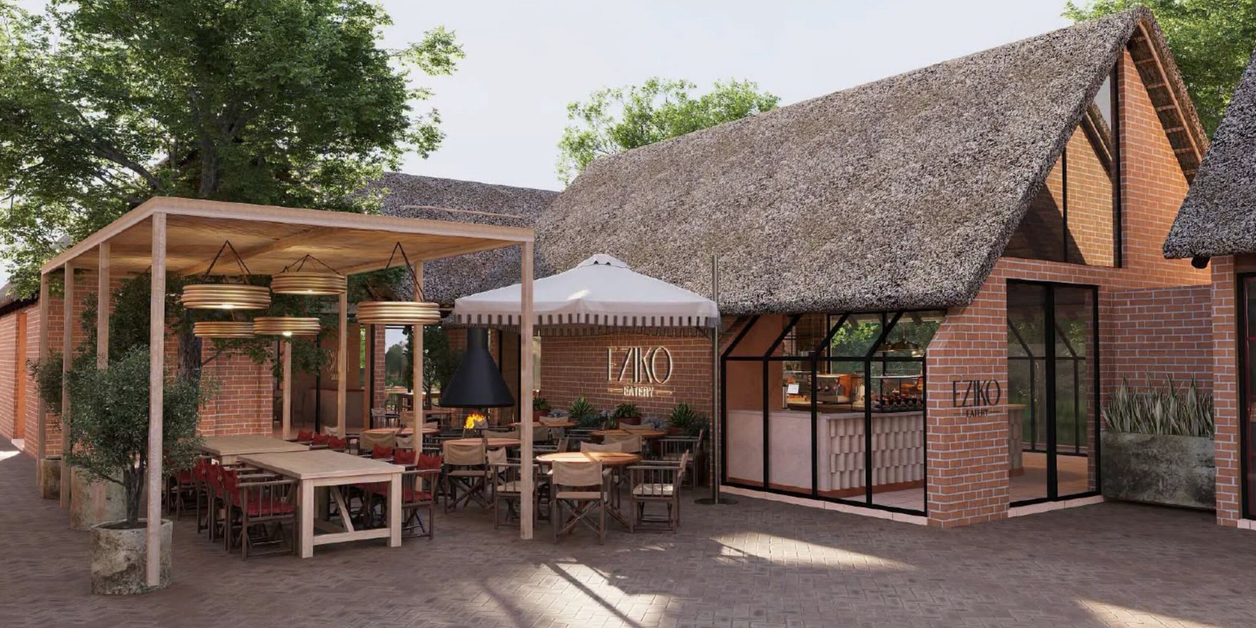 Outdoor terrace and entrance of Eziko Eatery at Berg en Dal Rest Camp, formerly Tindlovu, in Kruger National Park.
