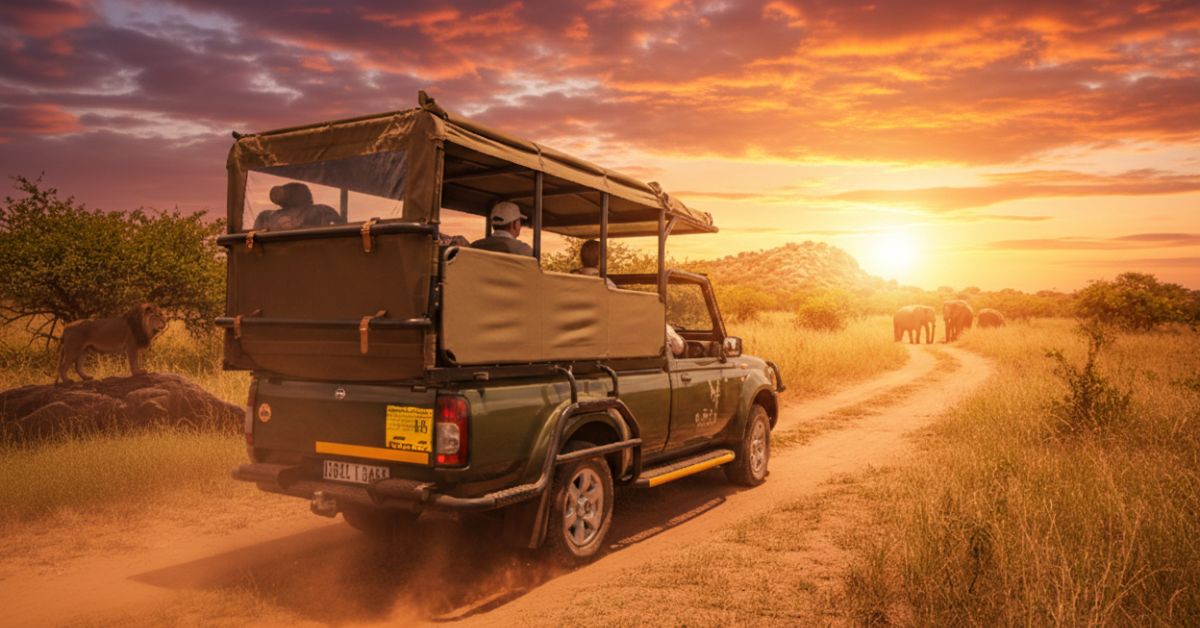 An open-top 4x4 safari vehicle driving along a dirt road in Kruger National Park during a golden sunset game drive.