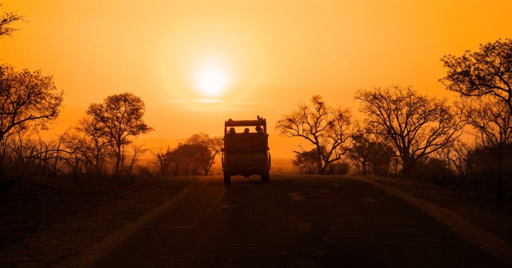 An open safari vehicle with tourists driving down a tarred road toward a vibrant orange African sunset in Kruger National Park.