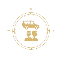 Golden compass icon featuring an open safari vehicle and two professional guides, representing guided Kruger Park safari tours.