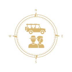 Golden compass icon featuring an open safari vehicle and two professional guides, representing guided Kruger Park safari tours.
