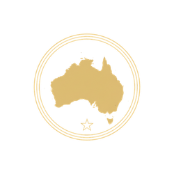 Gold icon of Australia map, representing seamless safari connections from Australia and New Zealand to Kruger National Park.