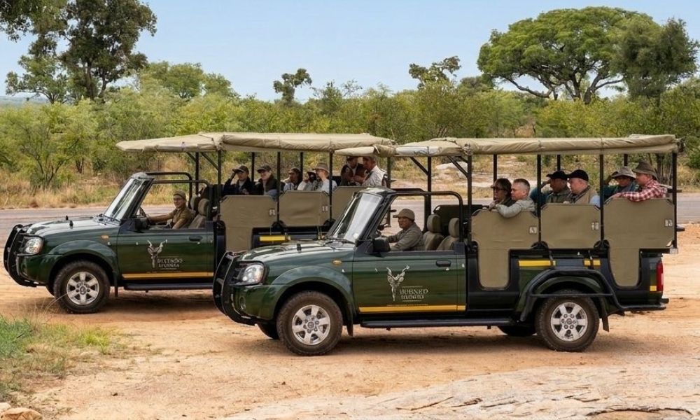 Two matching open safari vehicles parked on a dirt path surrounded by green trees under a clear blue sky.