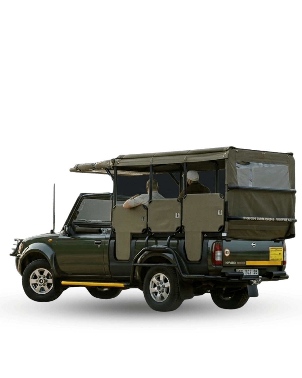 Professional open-sided safari vehicle with canvas seating and canopy for Kruger Park safaris, isolated on a transparent background.