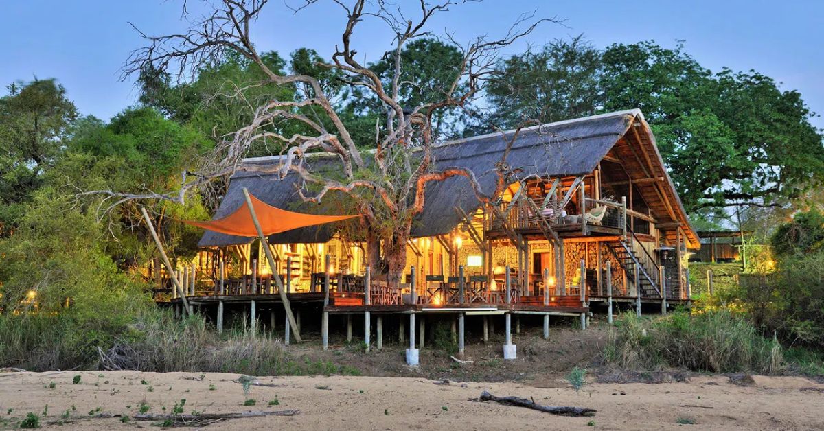A large thatched wooden safari lodge on stilts with a wide outdoor deck and orange shade canopy, illuminated at twilight and surrounded by dense trees.