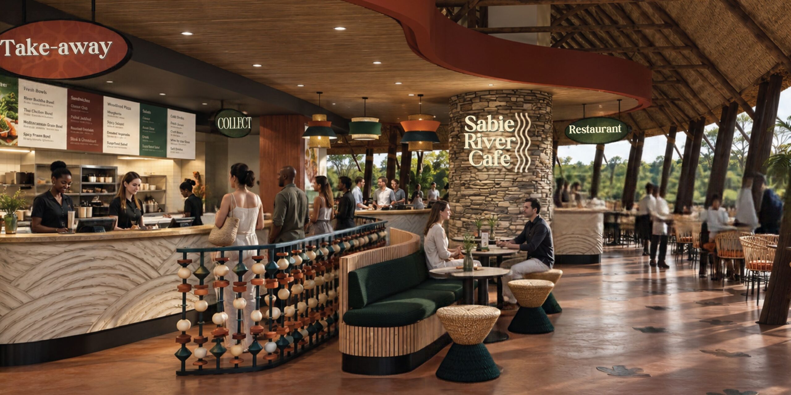 Interior seating area of Sabie River Cafe at Lower Sabie Rest Camp, formerly Mugg & Bean, in Kruger National Park.