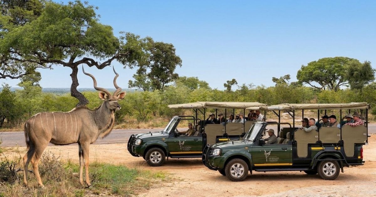Two open-sided green safari vehicles parked near a large Kudu bull with spiraled horns.