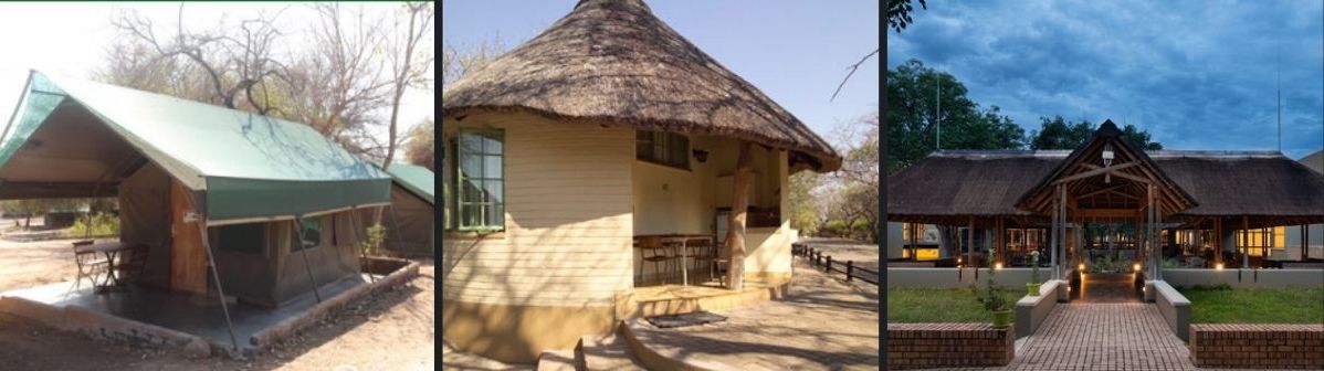 A three-part composite image showing a canvas safari tent, a traditional circular thatched bungalow, and the modern illuminated entrance of the Skukuza Safari Lodge.
