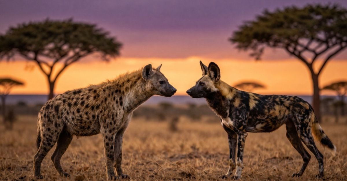 spotted hyena and african wild dog during a guided safari game drive.